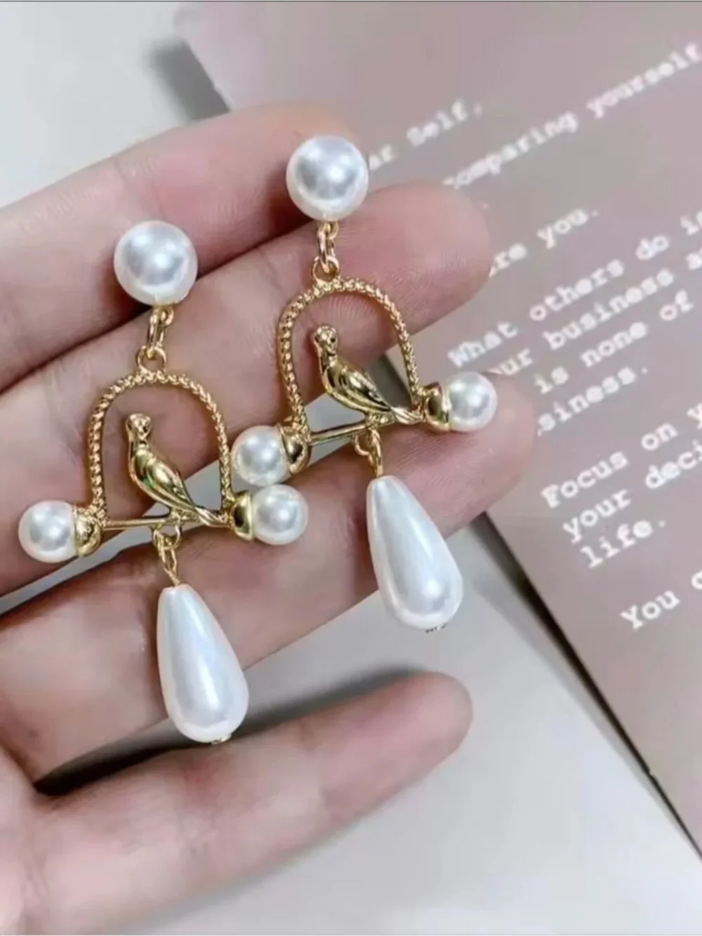 Gold tone Bird & Pearl Drop Earrings - Women Jewelry